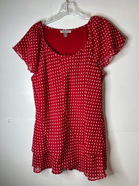 Roz & Ali Size 1X Red & White Polka Dot Chiffon Blouse Ruffled Lined Semi Sheer
